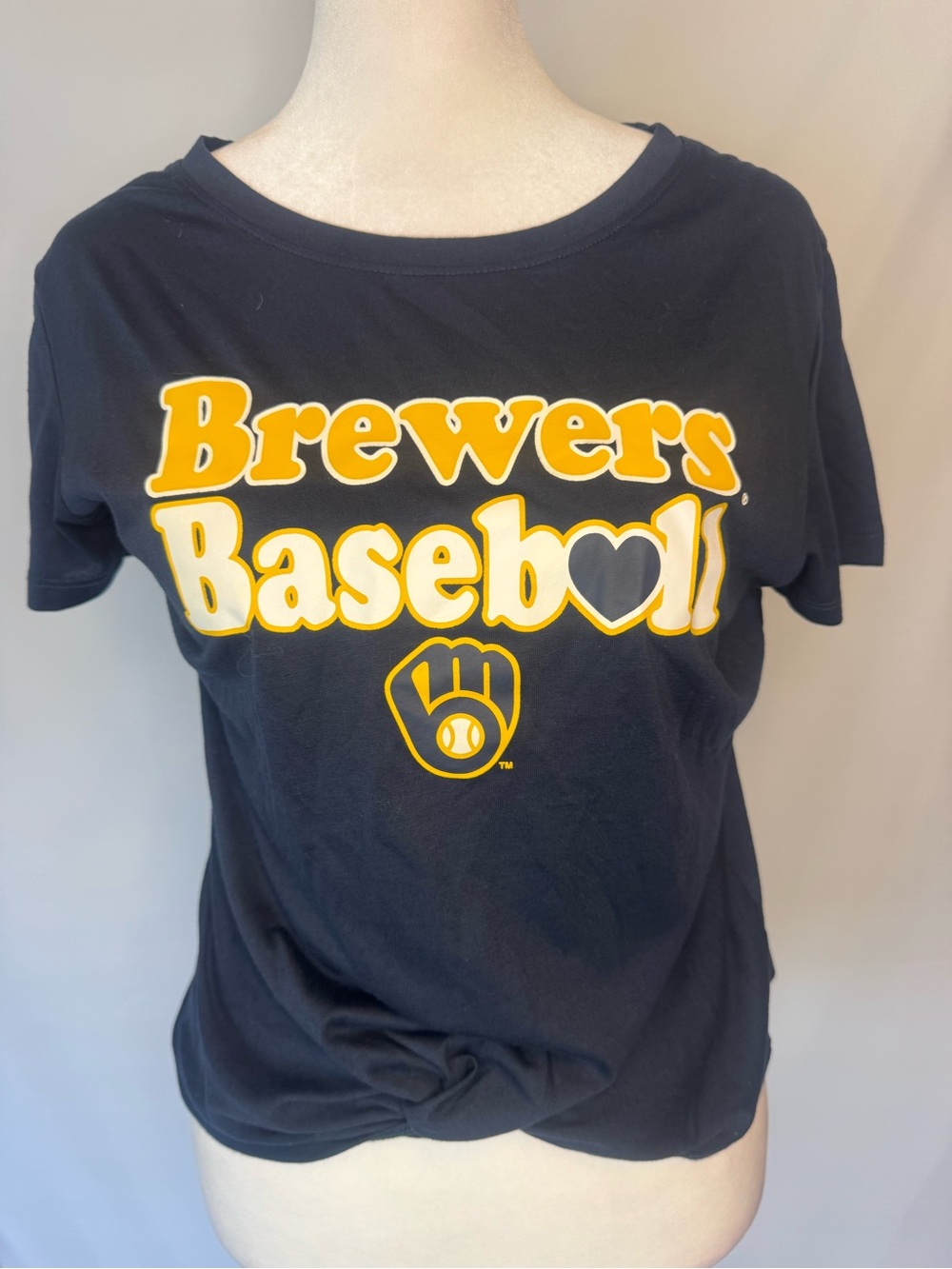 Milwaukee Brewers Baseball Navy Graphic Tee - Transfer Image, Twist In Front